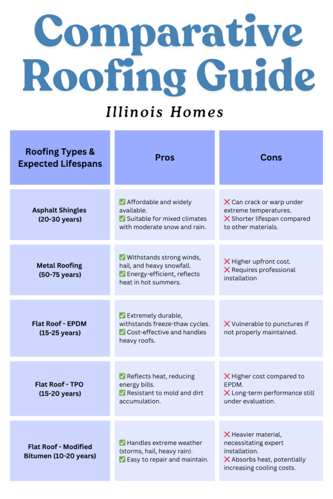 a table that illustrates a comparative roofing guide - Roofing Types & Expected Lifespans Pros Cons Asphalt Shingles (20-30 years) ✅ Affordable and widely available. ✅ Suitable for mixed climates with moderate snow and rain. ❌ Can crack or warp under extreme temperatures. ❌ Shorter lifespan compared to other materials. Metal Roofing (50-75 years) ✅ Withstands strong winds, hail, and heavy snowfall. ✅ Energy-efficient, reflects heat in hot summers. ❌ Higher upfront cost. ❌ Requires professional installation Flat Roof - EPDM (15-25 years) ✅ Extremely durable, withstands freeze-thaw cycles. ✅ Cost-effective and handles heavy roofs. ❌ Vulnerable to punctures if not properly maintained. Flat Roof - TPO (15-20 years) ✅ Reflects heat, reducing energy bills. ✅ Resistant to mold and dirt accumulation. ❌ Higher cost compared to EPDM. ❌ Long-term performance still under evaluation. Flat Roof - Modified Bitumen (10-20 years) ✅ Handles extreme weather (storms, hail, heavy rain). ✅ Easy to repair and maintain. ❌ Heavier material, necessitating expert installation. ❌ Absorbs heat, potentially increasing cooling costs.